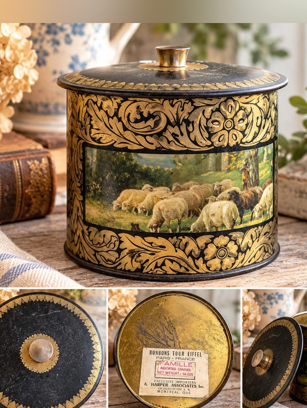 Vintage Decorative Metal Tin with Sheep Pastoral Scene – Black & Gold Floral Des